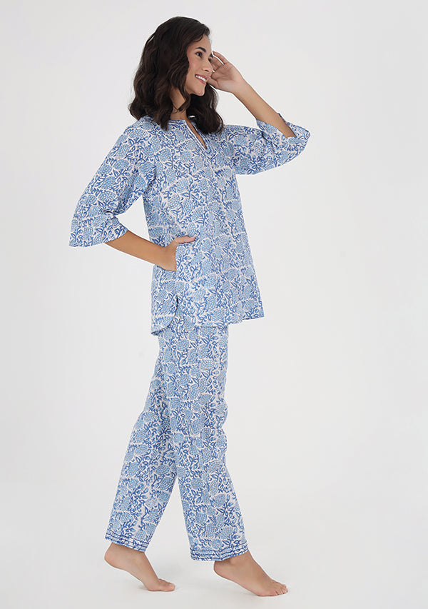 Blue White Floral Hand Block Printed Cotton Night Suit