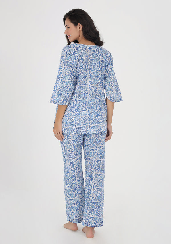 Blue White Floral Hand Block Printed Cotton Night Suit
