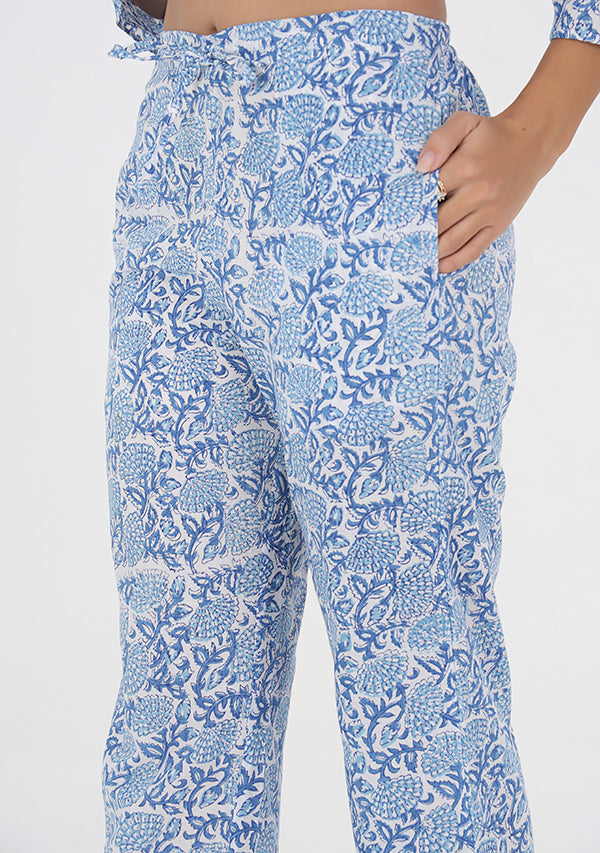 Blue White Floral Hand Block Printed Cotton Night Suit