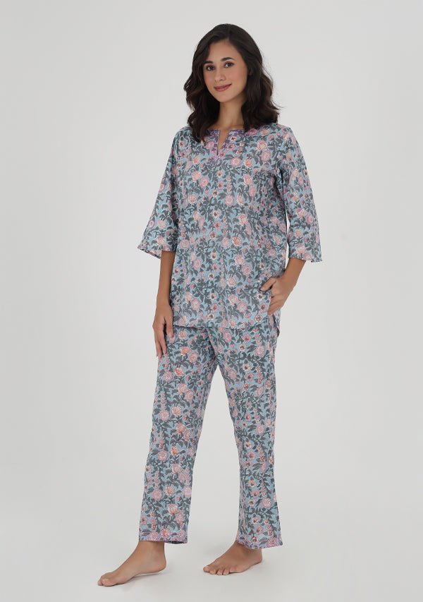 Blue Green Floral Hand Block Printed Cotton Night Suit