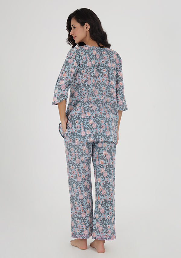 Blue Green Floral Hand Block Printed Cotton Night Suit