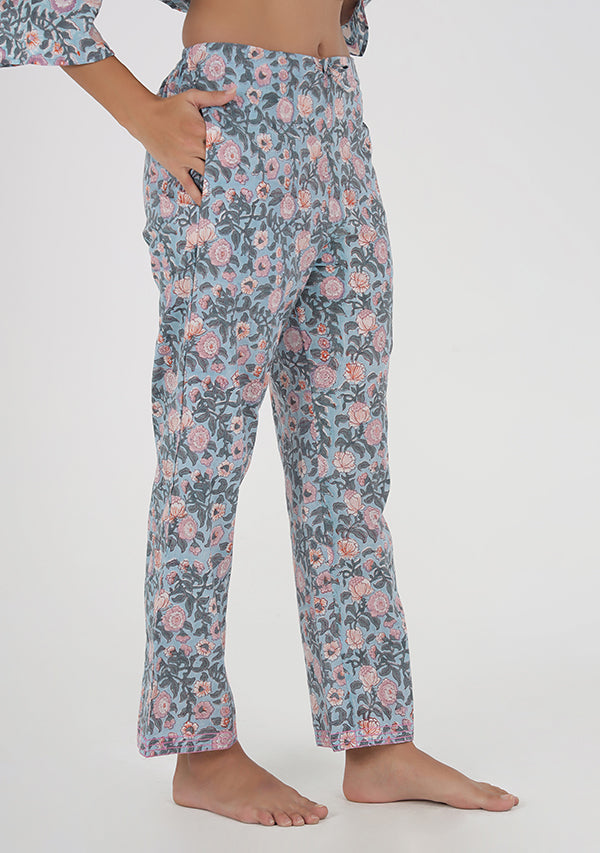 Blue Green Floral Hand Block Printed Cotton Night Suit
