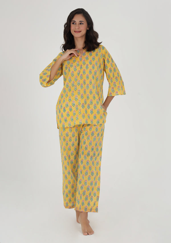 Yellow Pink Flower Motif Hand Block Printed Cotton Night Suit