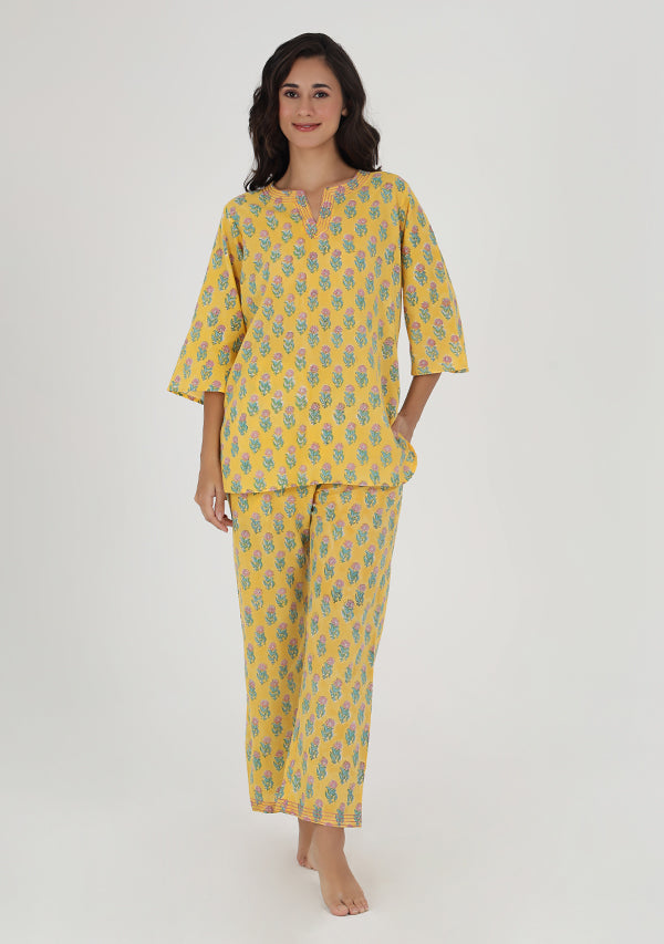 Yellow Pink Flower Motif Hand Block Printed Cotton Night Suit