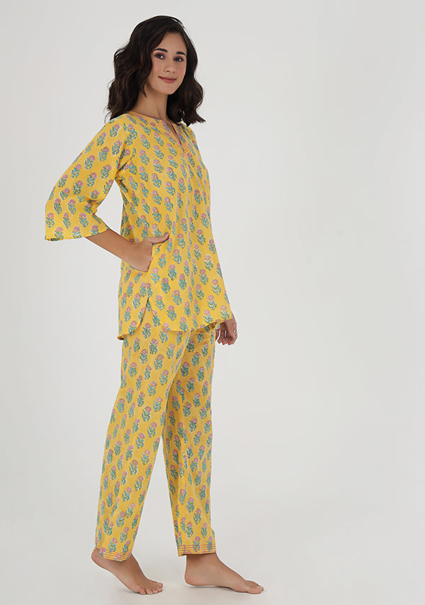 Yellow Pink Flower Motif Hand Block Printed Cotton Night Suit
