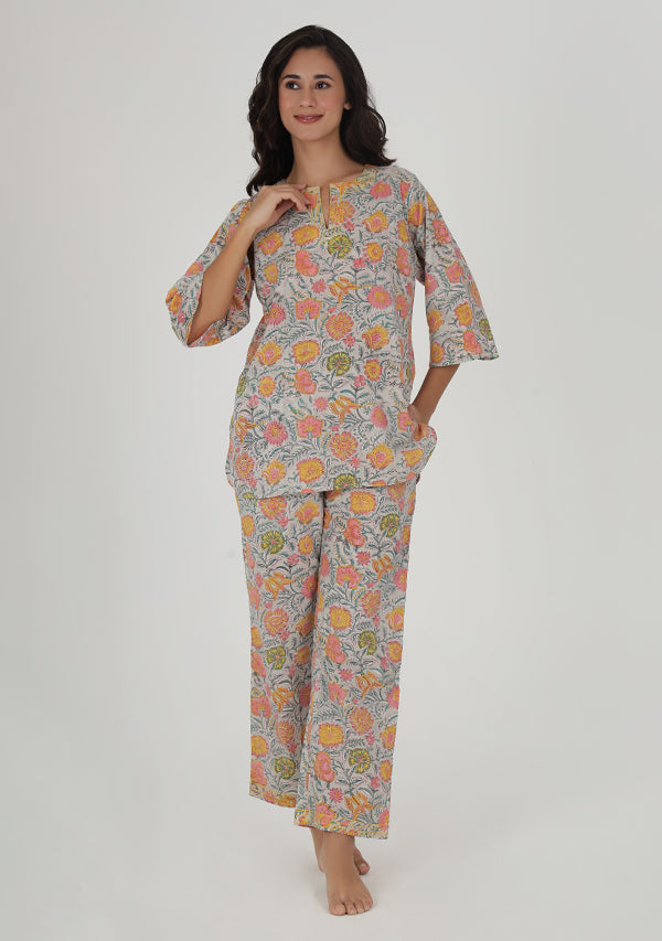 Grey Multicolor Floral Hand Block Printed Cotton Night Suit