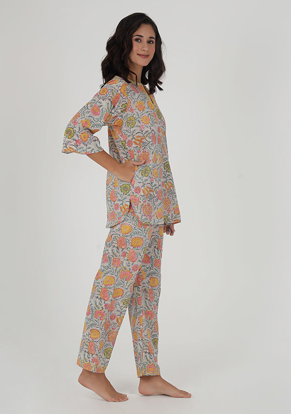 Grey Multicolor Floral Hand Block Printed Cotton Night Suit