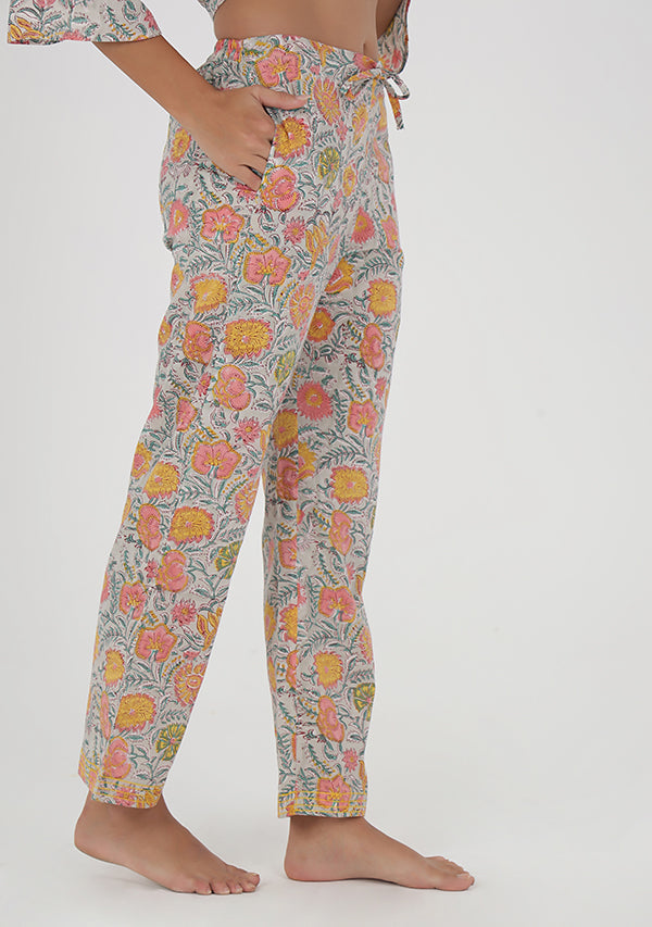 Grey Multicolor Floral Hand Block Printed Cotton Night Suit