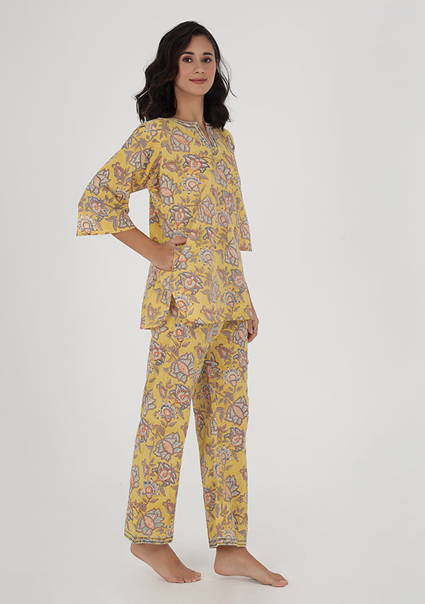 Yellow Grey Floral Hand Block Printed Cotton Night Suit