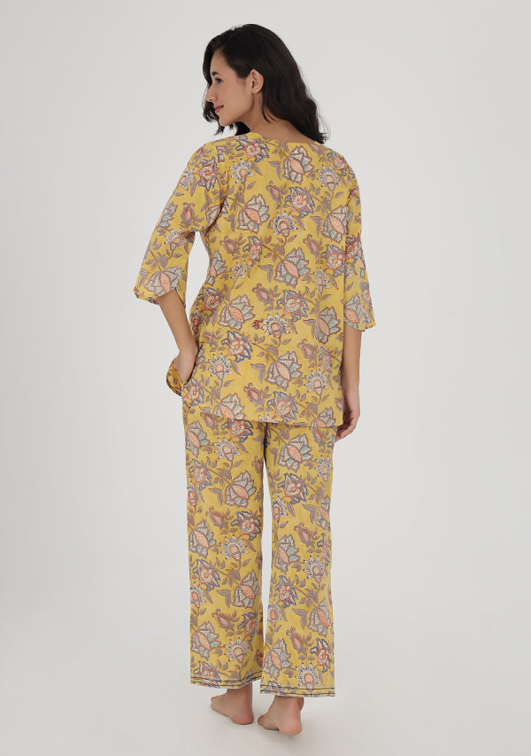 Yellow Grey Floral Hand Block Printed Cotton Night Suit