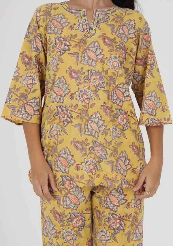 Yellow Grey Floral Hand Block Printed Cotton Night Suit