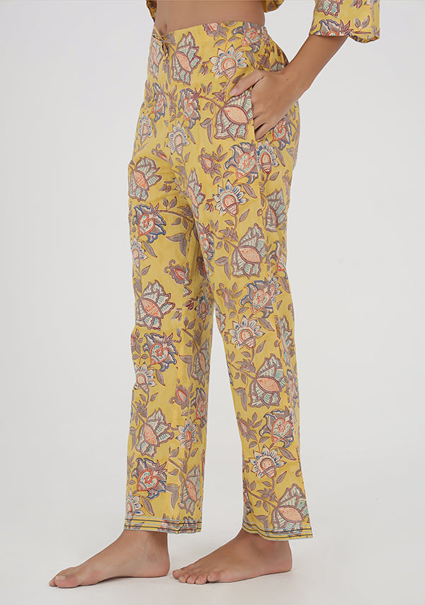 Yellow Grey Floral Hand Block Printed Cotton Night Suit