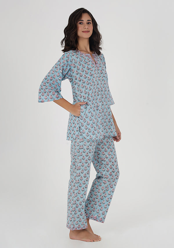 Blue Pink Flower Motif Hand Block Printed Cotton Night Suit