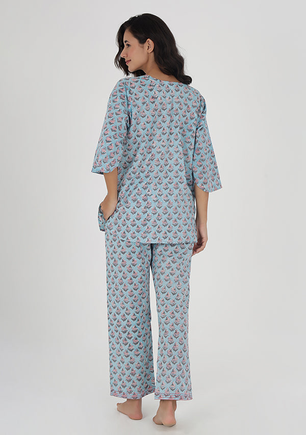 Blue Pink Flower Motif Hand Block Printed Cotton Night Suit