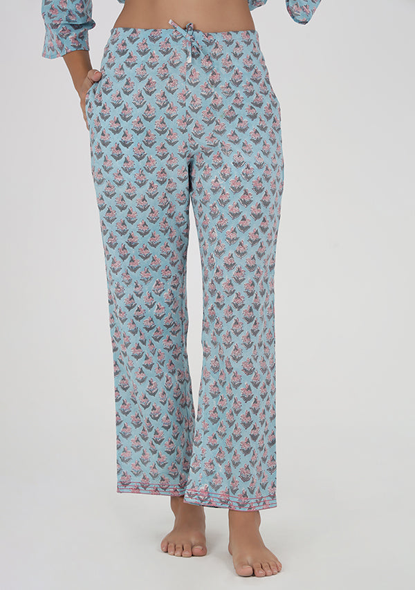 Blue Pink Flower Motif Hand Block Printed Cotton Night Suit