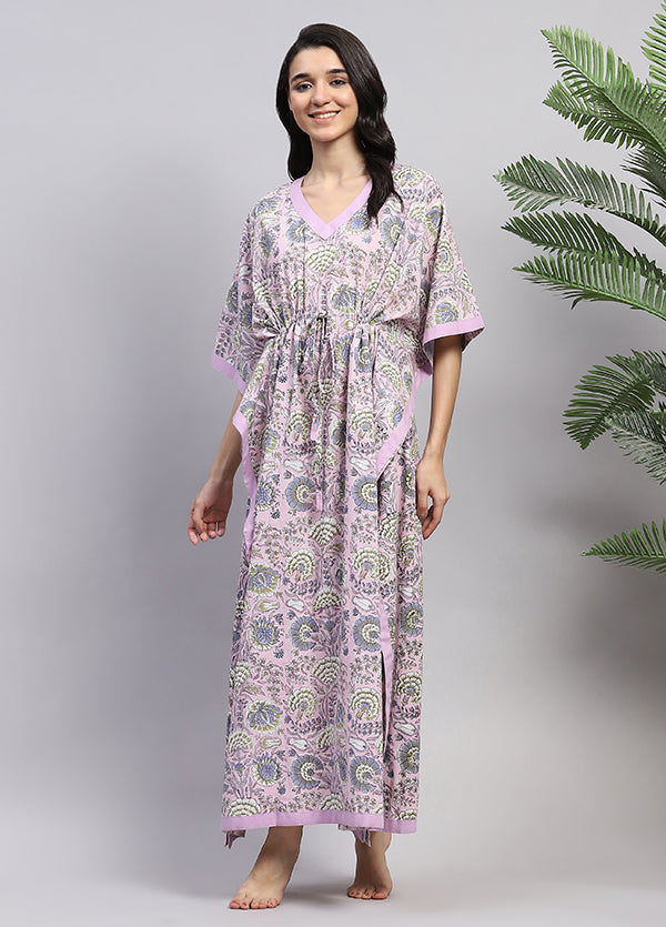 Mauve Pink Floral Hand Block Printed Tie-Up Waist Cotton Kaftan