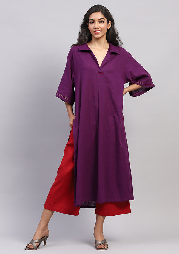 Mauve Collared Co-ord Set with Contrast Red Pants