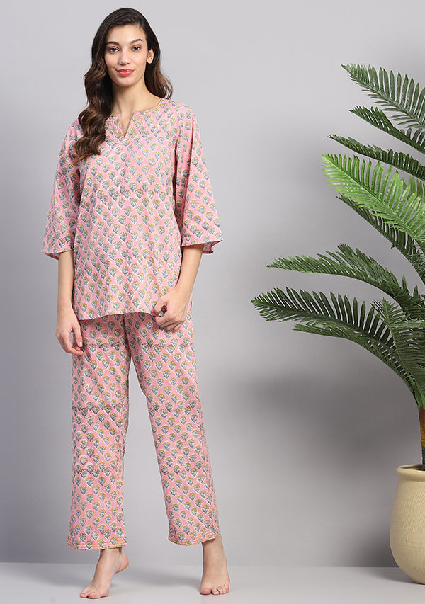 Pink Yellow Floral Hand Block Printed Cotton Night Suit