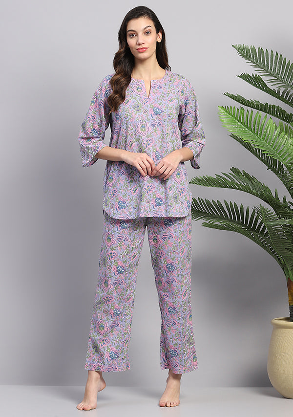 Mauve Pink Floral Hand Block Printed Cotton Night Suit