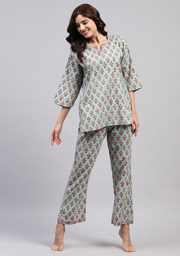 Blue Pink Floral Hand Block Printed Cotton Night Suit with Trimmings
