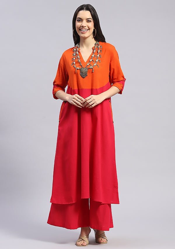 Fuchsia Cotton Co-ord Set with Orange Yoke and Trimmings