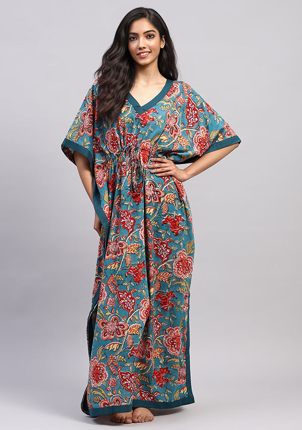 Teal Red Floral Hand Block Printed Tie-Up Waist Cotton Kaftan
