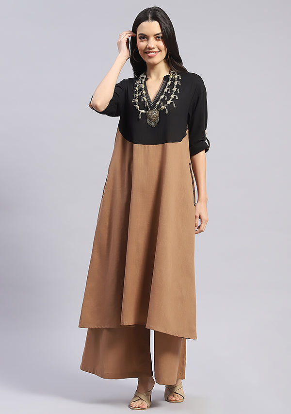 Brown Cotton Co-ord Set with Black Yoke and Golden Trimmings