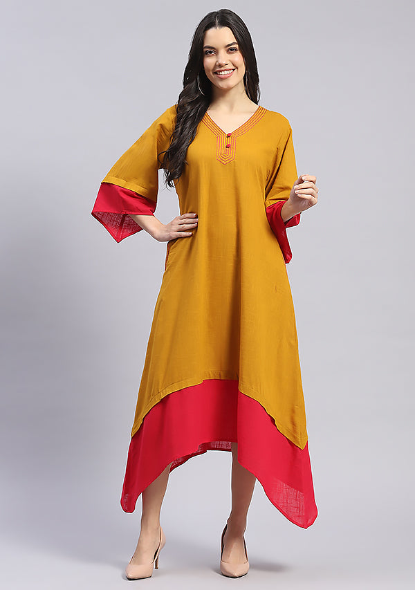 Mustard and Fuschia Layered Side Tail Cotton Dress