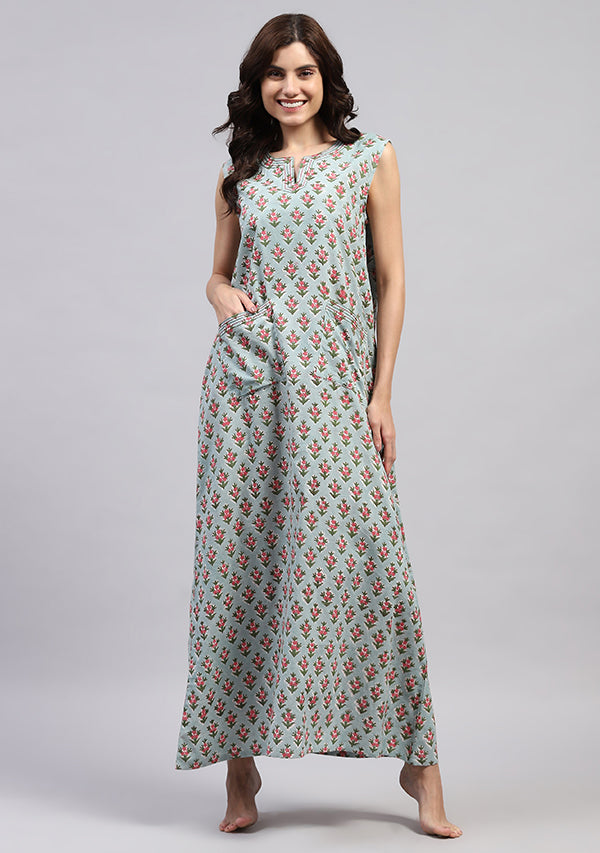 Blue Green Hand Block Printed Flower Motif Sleeveless Nighty with Pocket Detail