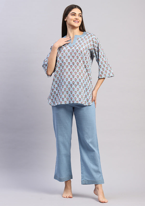 Smoke Blue Maroon Floral Hand Block Printed Cotton Night Suit