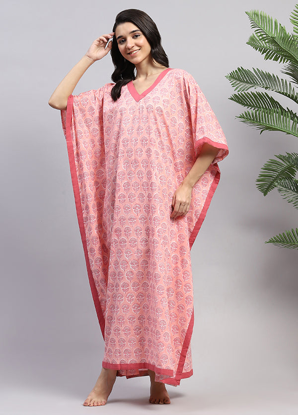 Peach Pink Floral Hand Block Printed Tie-Up Waist Cotton Kaftan