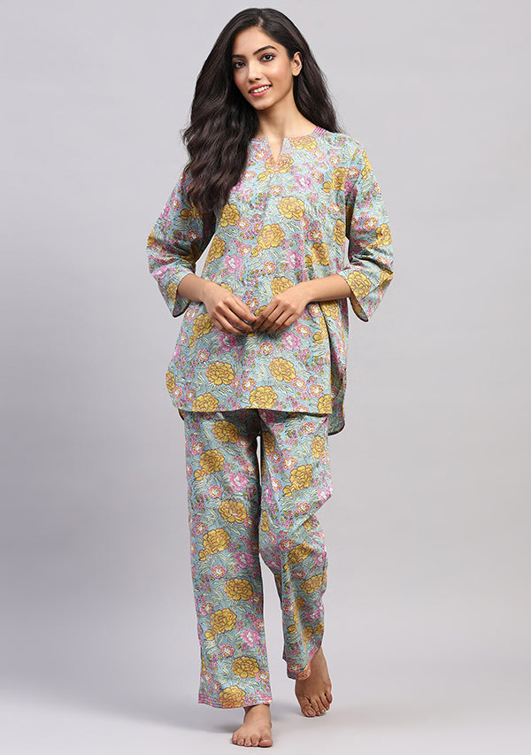 Aqua Yellow Floral Hand Block Printed Cotton Night Suit