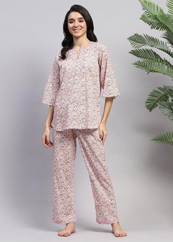 White Multicolor Floral Hand Block Printed Cotton Night Suit
