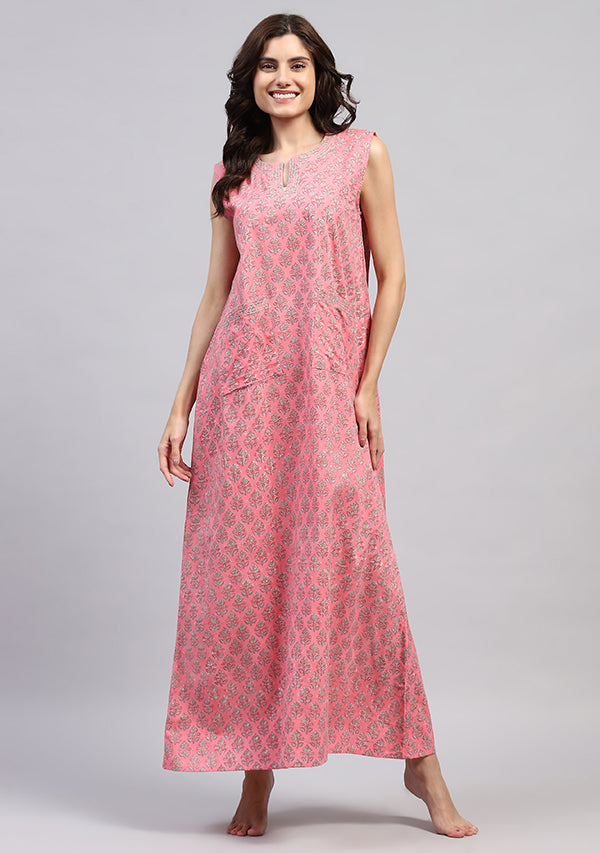 Pink Aqua Hand Block Printed Flower Motif Sleeveless Nighty with Pocket Detail