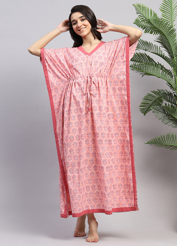 Peach Pink Floral Hand Block Printed Tie-Up Waist Cotton Kaftan