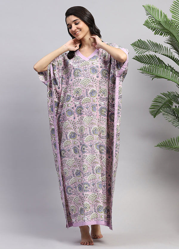 Mauve Pink Floral Hand Block Printed Tie-Up Waist Cotton Kaftan