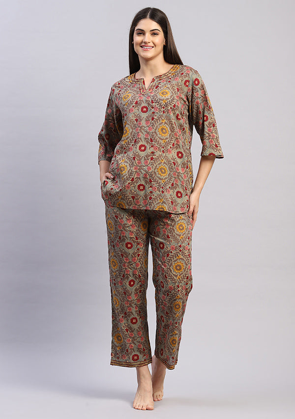Aqua Multicolored Floral Hand Block Printed Mulmul Night Suit