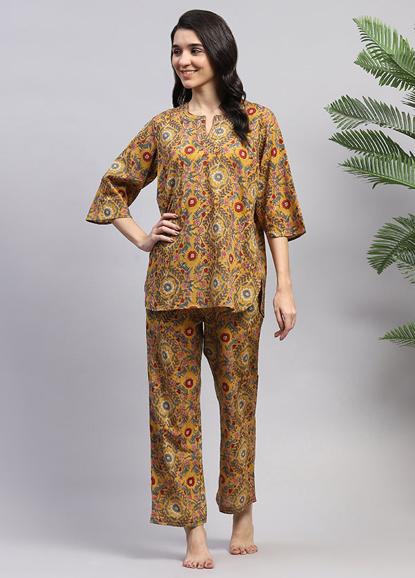 Mustard Multicolour Floral Hand Block Printed Cotton Night Suit