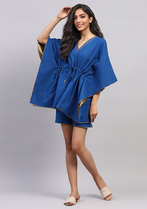 Royal Blue Short Kaftan with Bronze Trimmings and Elasticated Shorts
