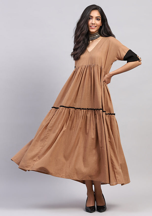 Brown Cotton Dress With Gathers and Contrast Black Trimmings