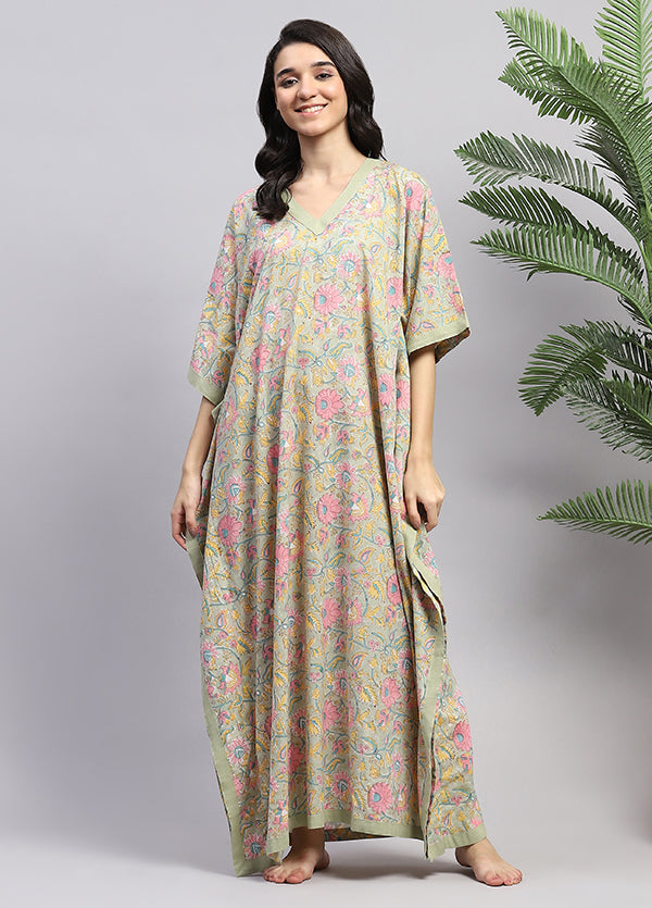 Soft Green Pink Floral Hand Block Printed Tie-Up Waist Cotton Kaftan