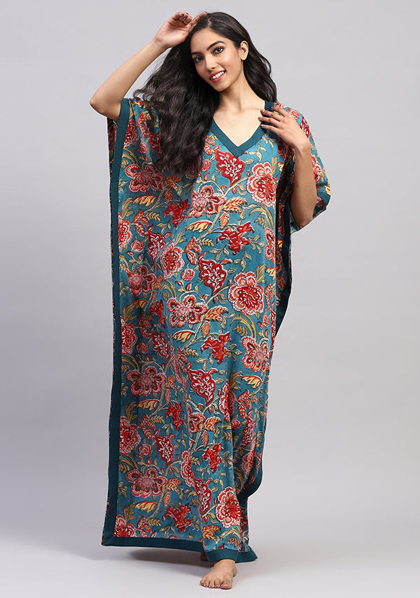 Teal Red Floral Hand Block Printed Tie-Up Waist Cotton Kaftan