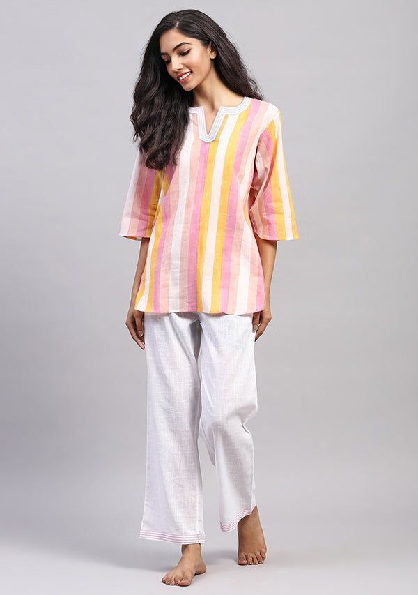 Pink White Multicolor Striped Hand Block Printed Cotton Night Suit