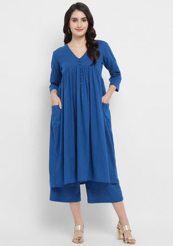 Royal Blue Co-ord Set with Gold Tissue Piping and Dig-in Pockets