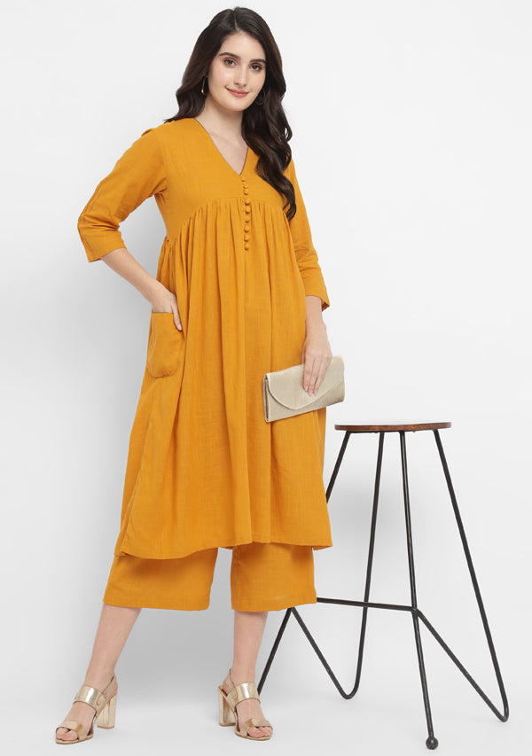 Mustard Co-ord Set with Gold Tissue Piping and Dig-in Pockets