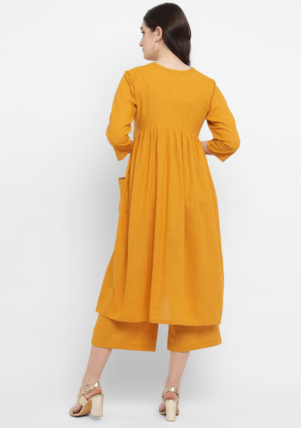 Mustard Co-ord Set with Gold Tissue Piping and Dig-in Pockets
