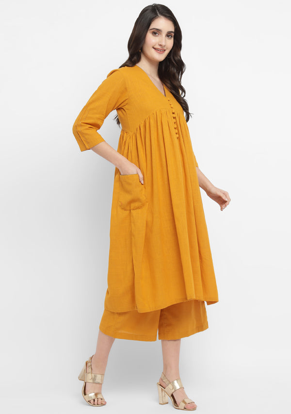 Mustard Co-ord Set with Gold Tissue Piping and Dig-in Pockets