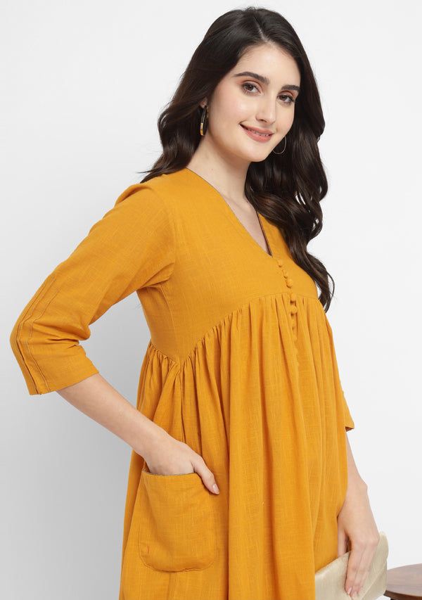 Mustard Co-ord Set with Gold Tissue Piping and Dig-in Pockets