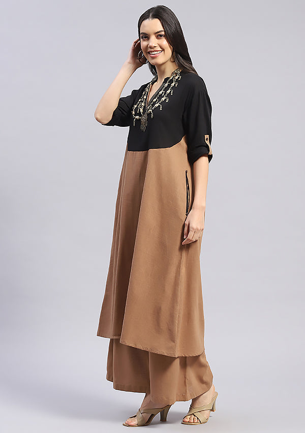 Brown Cotton Co-ord Set with Black Yoke and Golden Trimmings