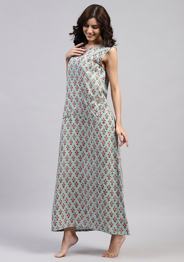 Blue Green Hand Block Printed Flower Motif Sleeveless Nighty with Pocket Detail